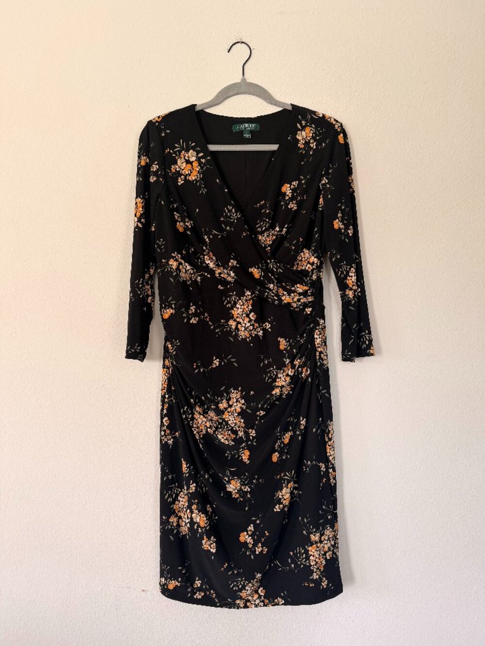 Lauren Ralph Lauren Black & Yellow Floral Wrap Midi Dress — Sz 8